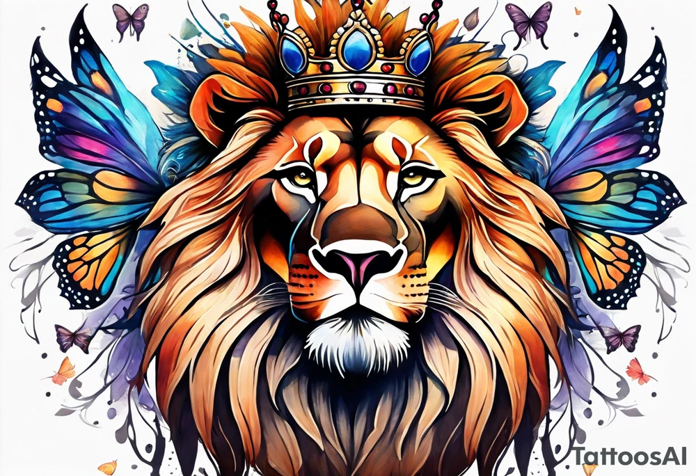 African lion covered in lilies butterflies crown main made of feathers tattoo idea