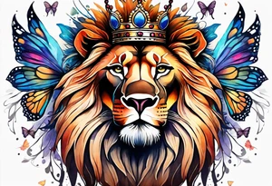 African lion covered in lilies butterflies crown main made of feathers tattoo idea