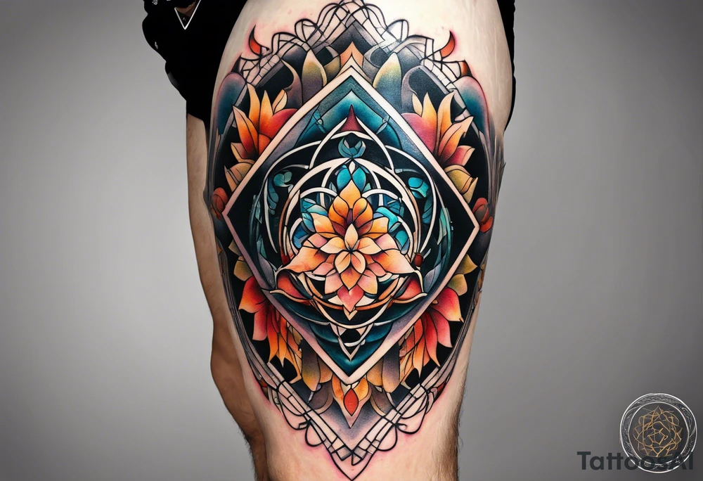 knee tattoo with sacred geometry, swirls & washes in background in fall colors tattoo idea