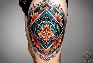 knee tattoo with sacred geometry, swirls & washes in background in fall colors tattoo idea