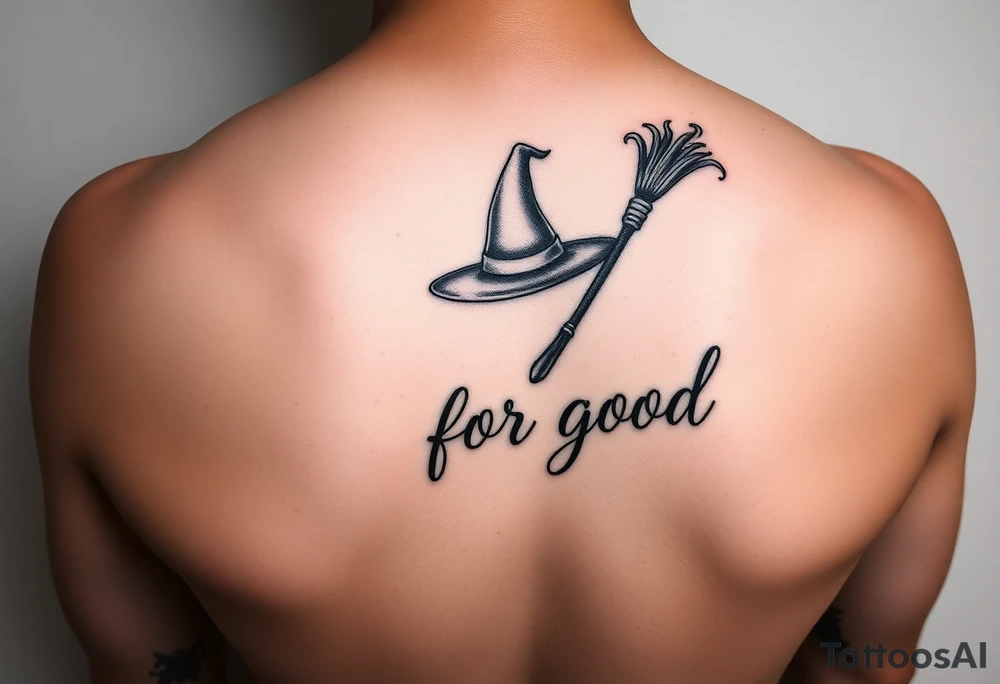 Wicked Broadway theme with a wand, broom, witch hat. Then the lettering “for good” tattoo idea