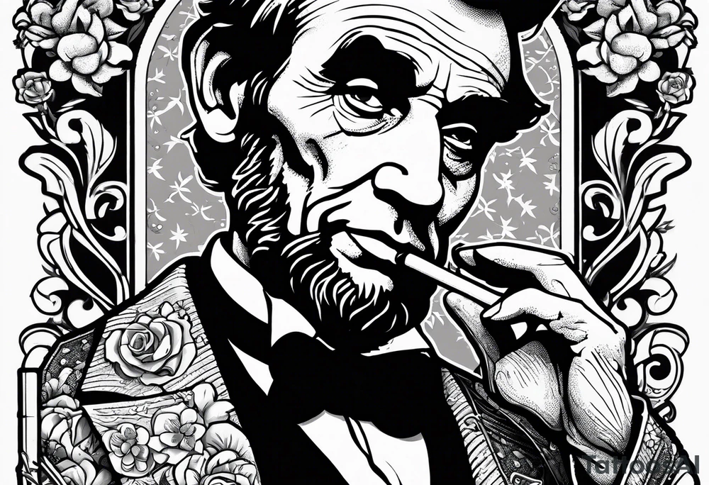 Abraham Lincoln smoking a cigar  in a flowered suit jacket holding a 90s boombox on his shoulder jamming out tattoo idea