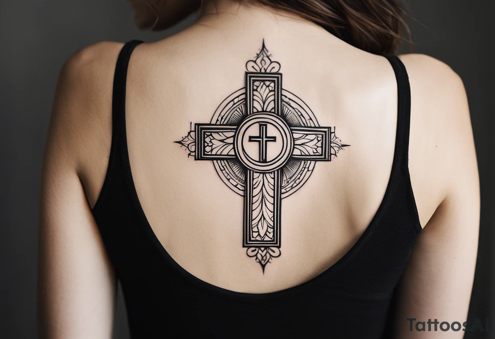 Tattoo: A refined cross with a soft halo on top of it, symbolizing light and spirituality. Delicate rays extend outward from the halo, adding a subtle glow and depth. The cross itself is simple and elegant, with potential for small, intricate line details within the design. tattoo idea