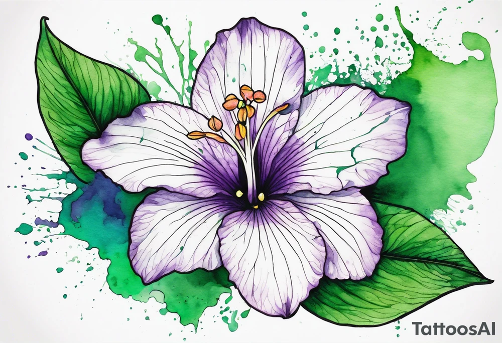 An outline of a green rio dipladenia flower and a green/purple watercolor splash in the background tattoo idea