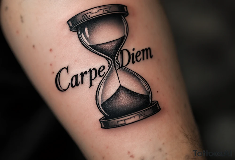 Classic black serif font "Carpe Diem" etched beneath a realistic grayscale hourglass dripping sand. tattoo idea
