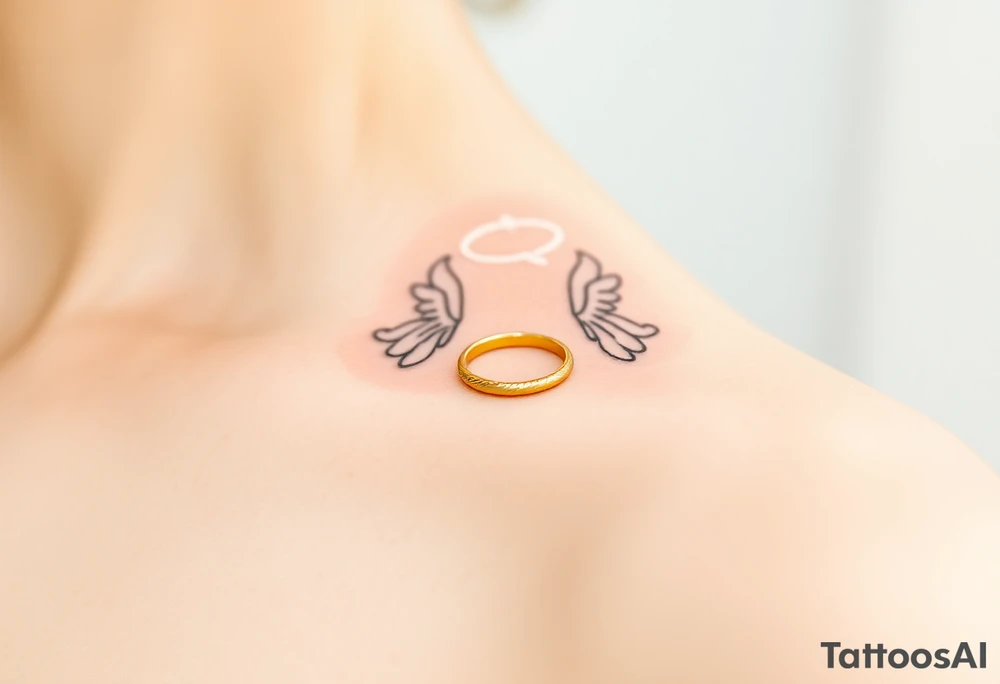 A golden wedding band floating within an angelic halo, glowing softly. tattoo idea