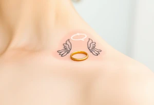 A golden wedding band floating within an angelic halo, glowing softly. tattoo idea