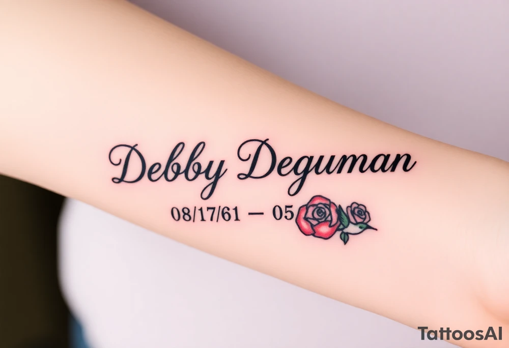 Tattoo of the exact name Debby Deguzman in chunky curly cursive with the exact dates of 08/17/61-05/29/25 surrounded by 1 hummingbird and 1 rose tattoo idea