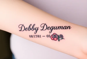 Tattoo of the exact name Debby Deguzman in chunky curly cursive with the exact dates of 08/17/61-05/29/25 surrounded by 1 hummingbird and 1 rose tattoo idea