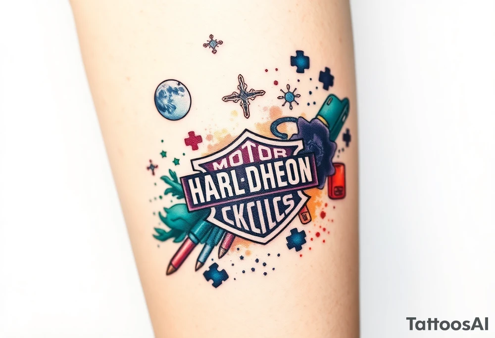 futuristic, spacey, memory tattoo: star wars, space, Harley Davidson, skateboarding, camping, puzzle pieces, video games, heaven, god, outdoors, bullets,12/29/88-01/06/2025 memento mori Seth J. Carter "Darth Carter" tattoo idea