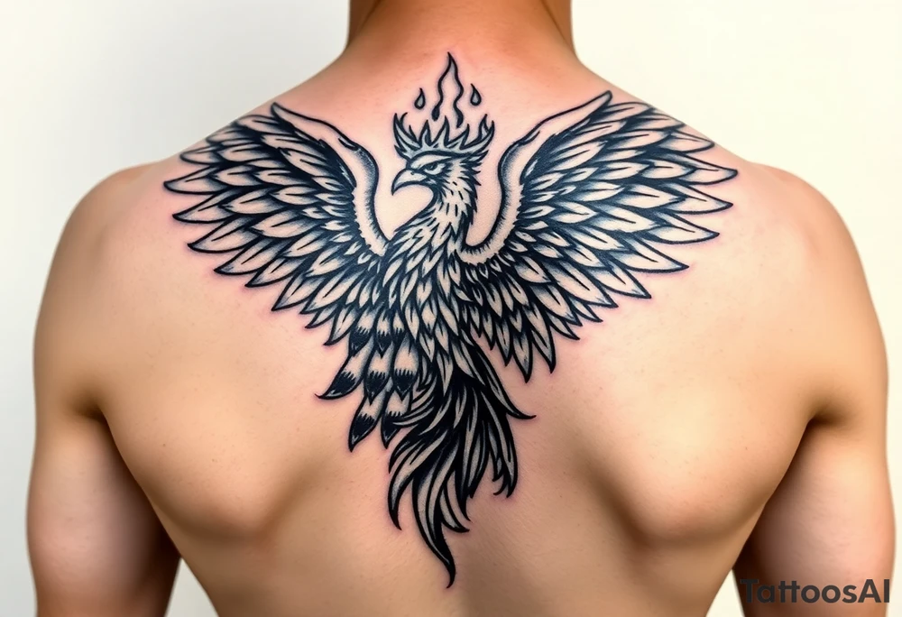 powerful majestic phoenix with crown of fire, with large wings tattoo idea