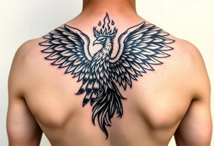 powerful majestic phoenix with crown of fire, with large wings tattoo idea