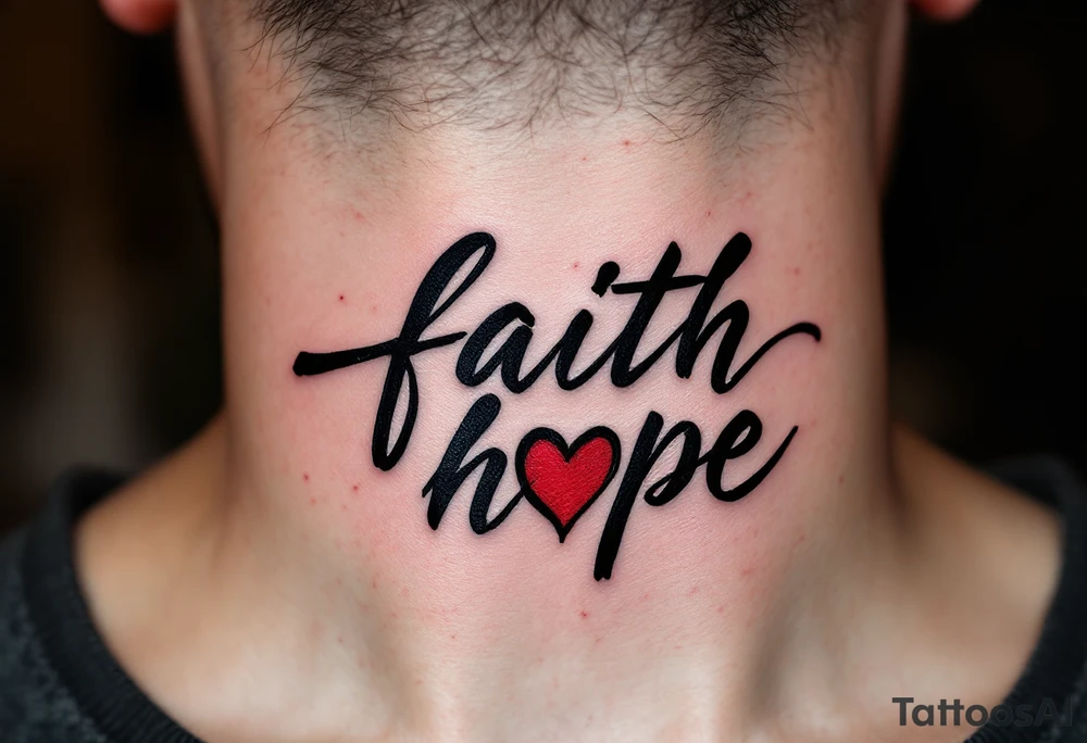 Brushstroke style tattoo in dark ink love faith hope with a crimson heart replacing the letter "o" in "love and hope". tattoo idea