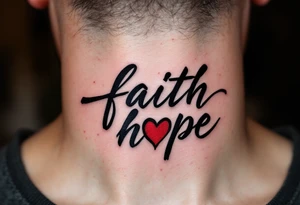 Brushstroke style tattoo in dark ink love faith hope with a crimson heart replacing the letter "o" in "love and hope". tattoo idea