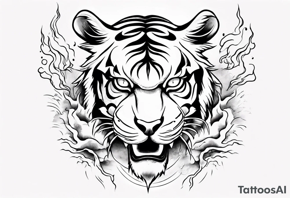 Tiger design with lightning and the sun for a forearm sleeve tattoo idea