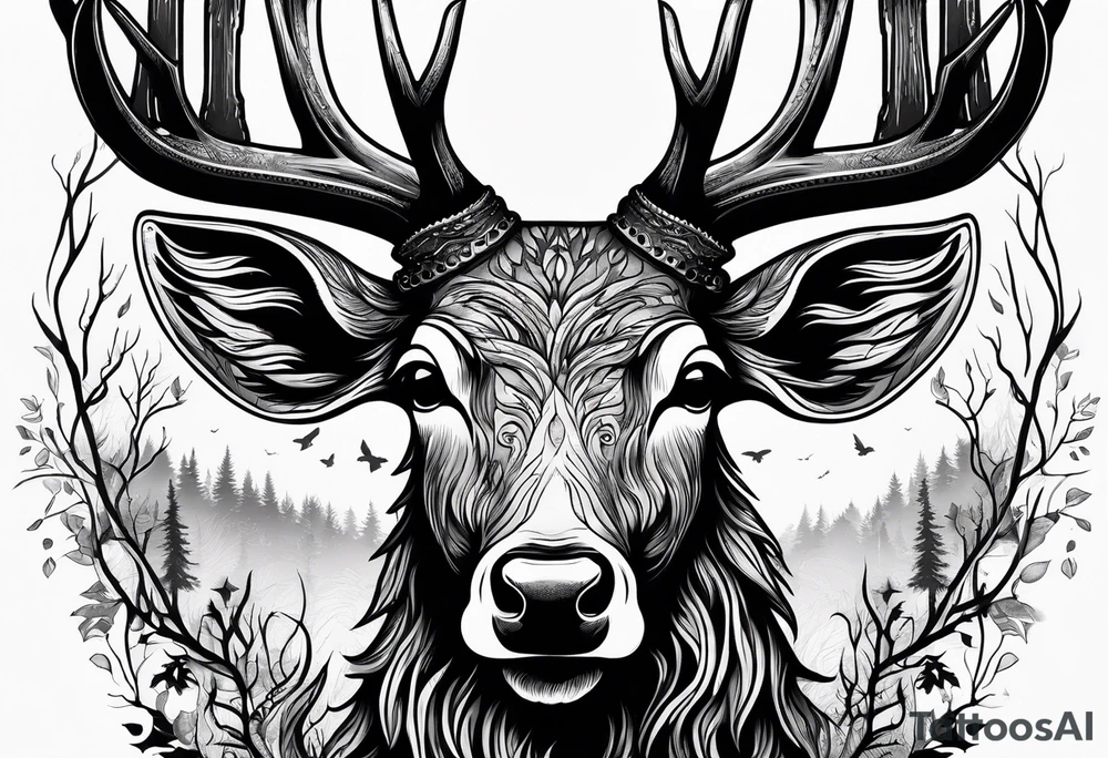 A frightening horror DECAYING deer head JUST BONE surrounded by a forest fire in background tattoo idea