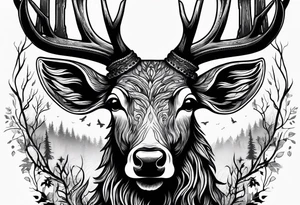 A frightening horror DECAYING deer head JUST BONE surrounded by a forest fire in background tattoo idea