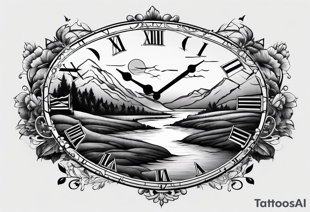 clock with landscape tattoo idea