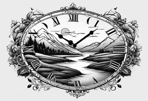 clock with landscape tattoo idea