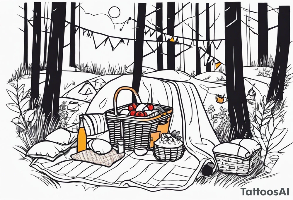 minimalstic picnic scene in a forest with a blanket on the ground with one picnic-basket, one backpack, pillows and party pennants. Thin lines. tattoo idea