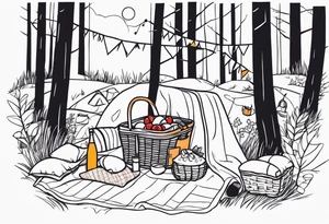 minimalstic picnic scene in a forest with a blanket on the ground with one picnic-basket, one backpack, pillows and party pennants. Thin lines. tattoo idea