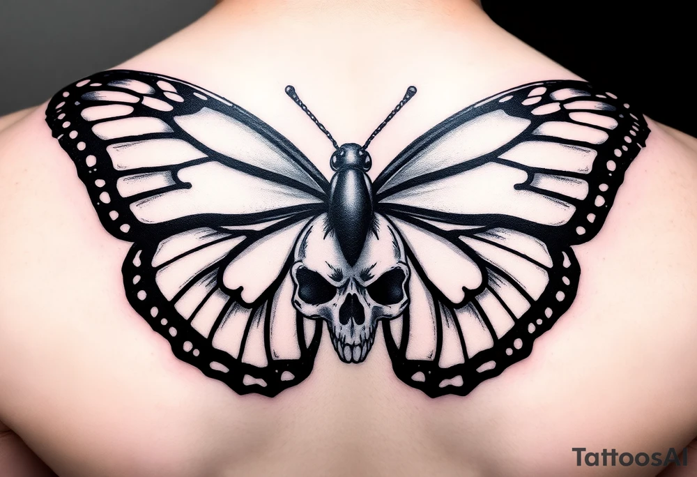 powerful majestic and dark monarch butterfly with skull detail in the wings tattoo idea