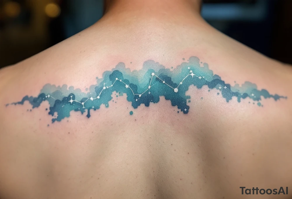 A fine-line Capricorn constellation in shimmering silver ink stretches across a gradient teal background. tattoo idea