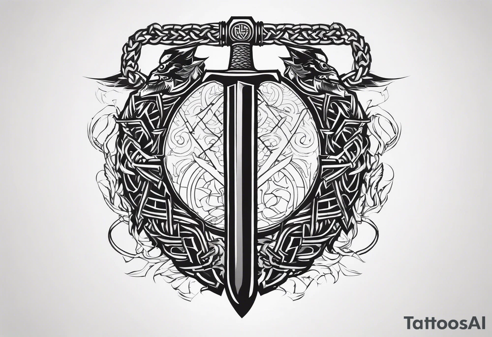 Valhalla sword shield dragon axe Valknut barbed wire chains tattoo idea Valhalla sword shield dragon axe Valknut barbed wire chains tattoo idea