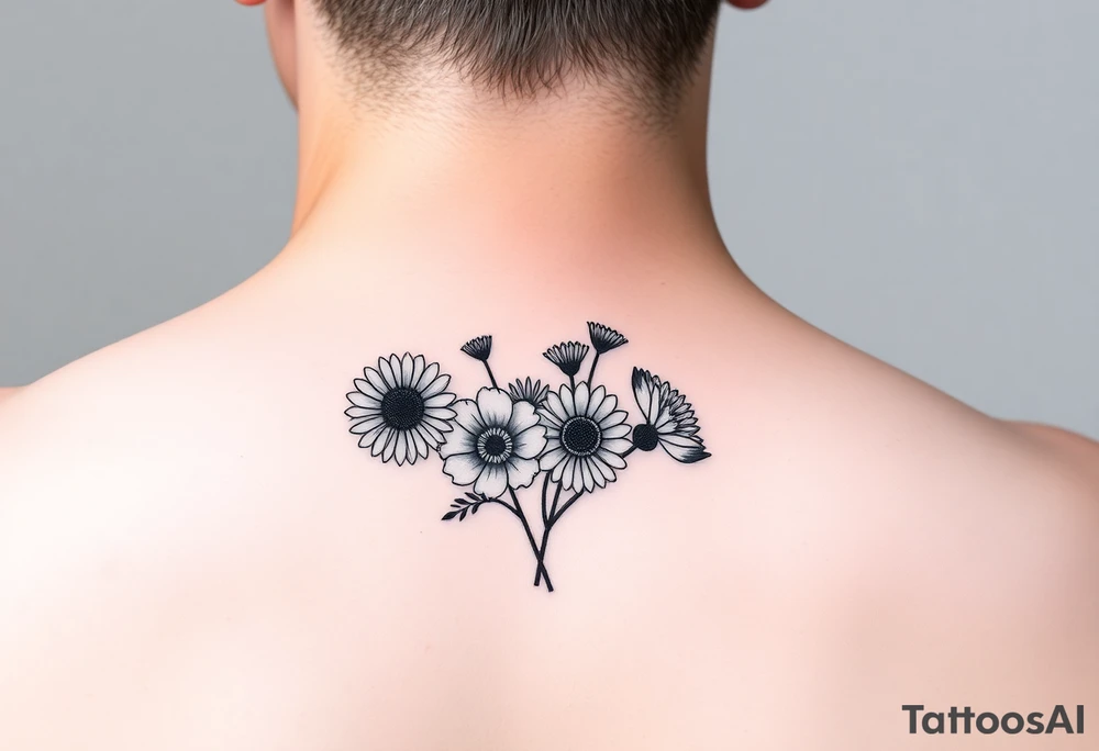 Small flower bouquet with order of flowers, daisy, cosmo, poppy, chrysanthemum, cosmo tattoo idea