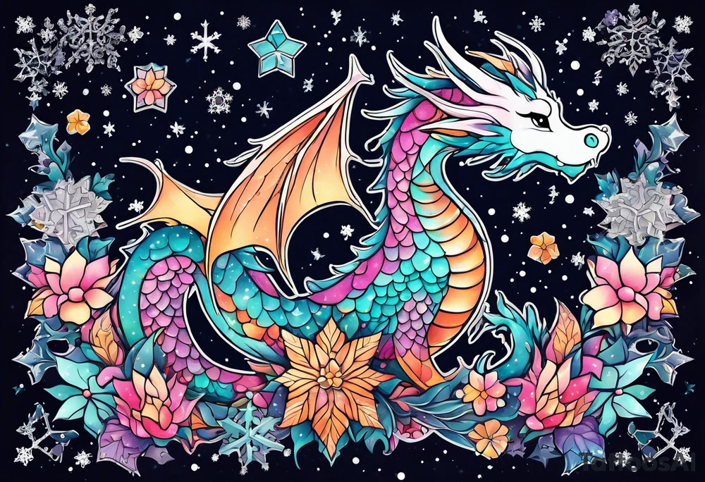 Constellation, kawaii dragon, snowflake tattoo idea