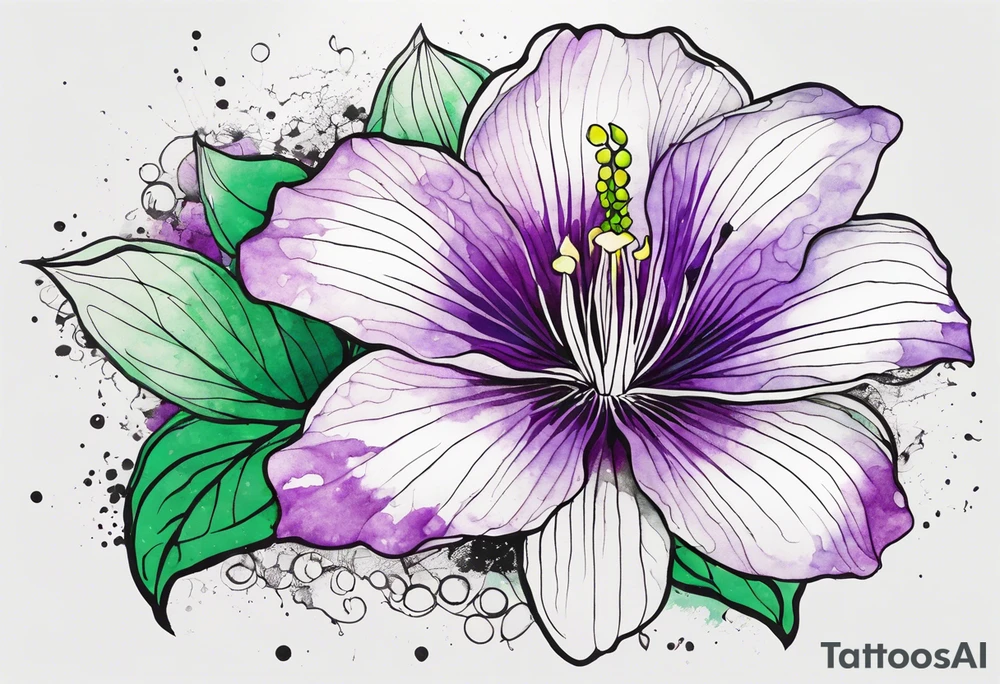 A mystical outline of a rio dipladenia flower and a green/purple watercolor splash in the background tattoo idea