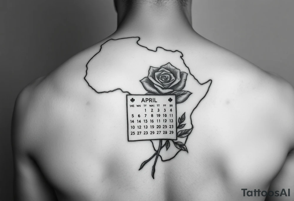 African outline with a calendar showing 12th April with a realistic rose tattoo idea