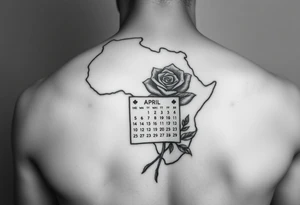 African outline with a calendar showing 12th April with a realistic rose tattoo idea