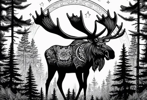 a psychedelic moose in the forest with a full moon tattoo idea