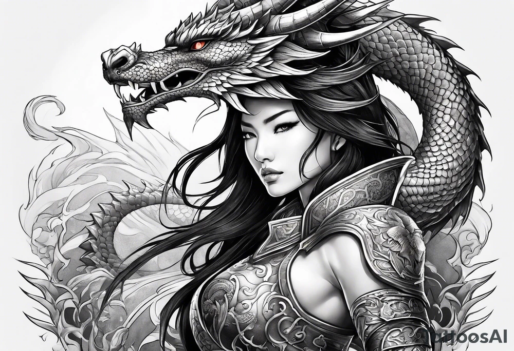 beautiful warrior woman wearing dragon armor and a dragon  flying tattoo idea