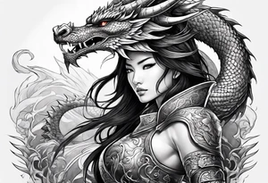 beautiful warrior woman wearing dragon armor and a dragon  flying tattoo idea