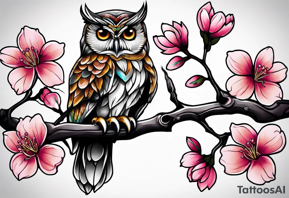 Owl and cherry blossoms tattoo idea