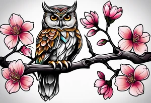 Owl and cherry blossoms tattoo idea