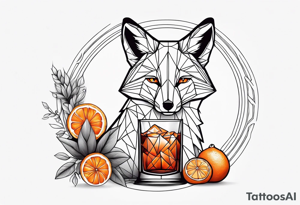 Geometric fox with one Negroni in short lowball cocktail glass with ice and orange peel with no background tattoo idea