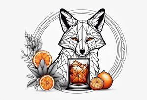 Geometric fox with one Negroni in short lowball cocktail glass with ice and orange peel with no background tattoo idea