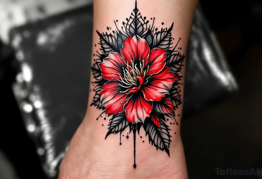 red  and black rhododendron trippy with mandala behind tattoo idea