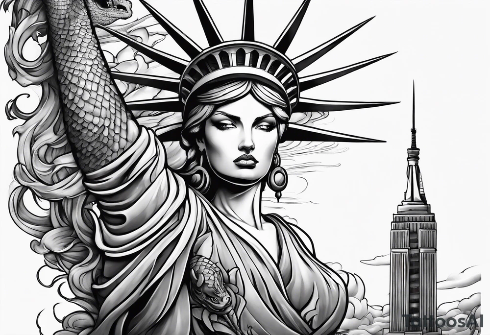 Hot girl as Statue of Liberty with dragon wrapped around neck tattoo idea
