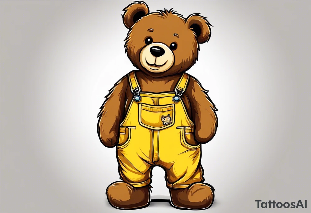 the back of a standing, skinny, brown ,
teddy bear in long, yellow overalls tattoo idea