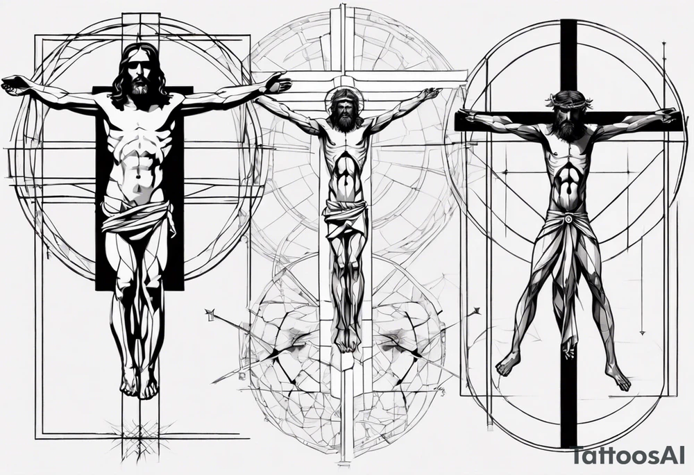Geometric Vitruvian man combined with Jesus on the cross in front tattoo idea