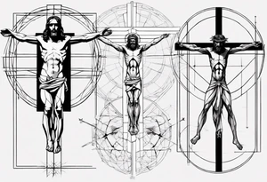 Geometric Vitruvian man combined with Jesus on the cross in front tattoo idea