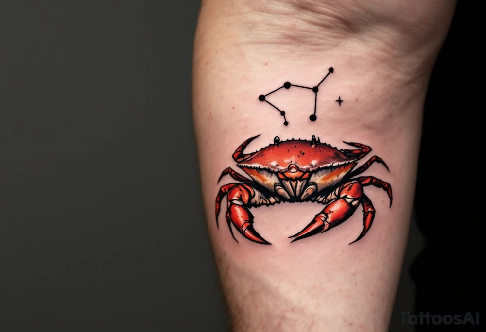 A realistic crab in rust red holds the Cancer star constellation in its claws against a cool gray background. tattoo idea