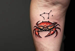 A realistic crab in rust red holds the Cancer star constellation in its claws against a cool gray background. tattoo idea