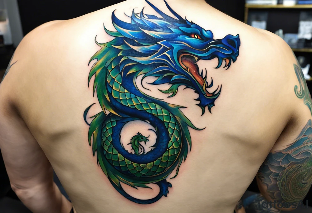 Semirealistic Tattoo: An epic with no wings floating. Its body coiling dynamically, with scales and horns detailed to create a sense of movement and strength. The dragon's main color is dark blue but features accents in green, blue, and gold, giving a vibrant depth and a mystical aura. This tattoo highlights the dragon’s fierce expression and sharp claws as it wraps protectively around the leg. Style: Semi-realism tattoo idea