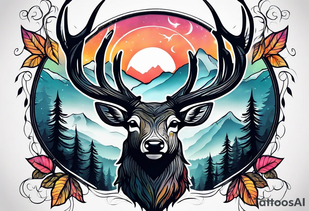 deer head mountain forest tattoo idea