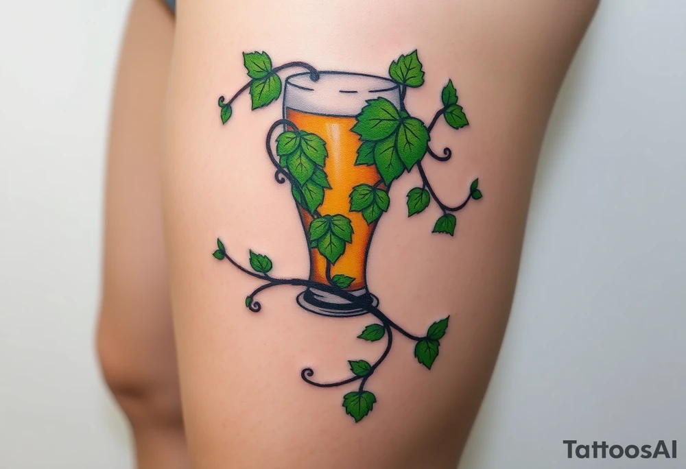 A hop vine wrapping around a pint glass, with delicate tendrils and leaves in vibrant green shades tattoo idea